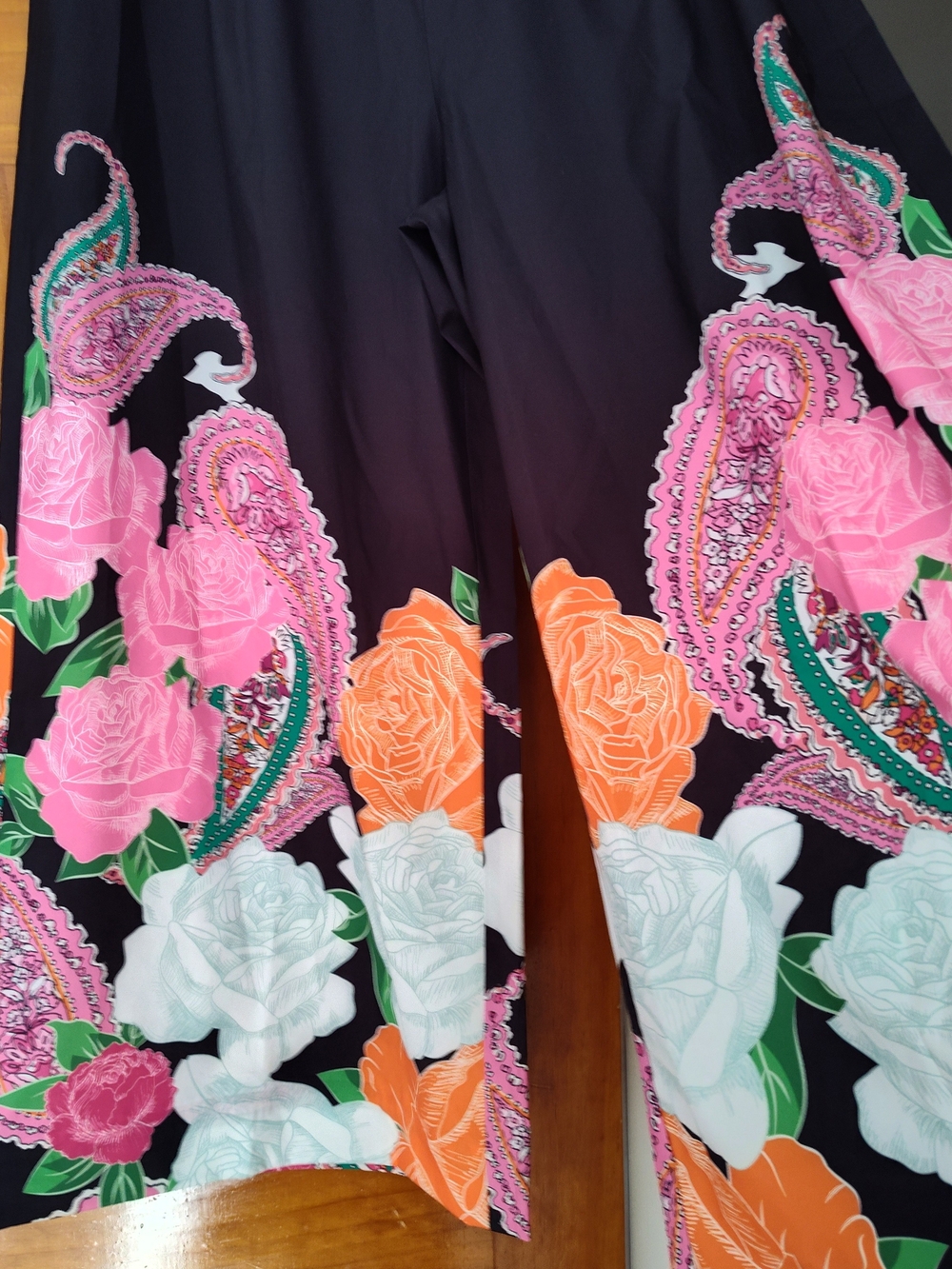 SHEIN Black Wide-Leg Floral Paisley Pants with Pink, Orange & White Flowers - Picture 2 of 3